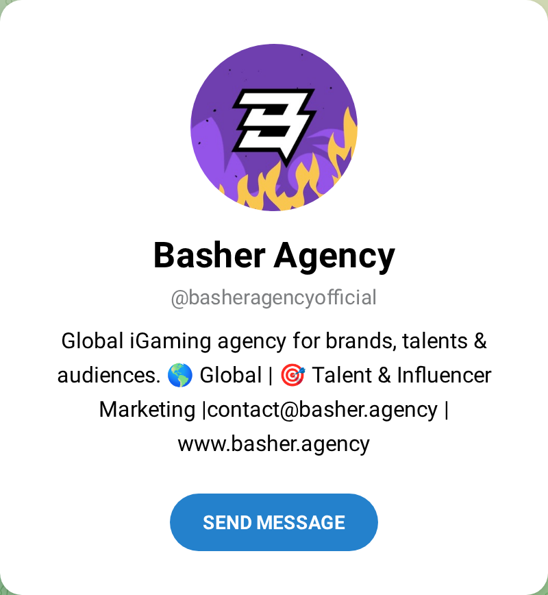 Telegram public page of Basher Agency's official account @basheragencyofficial: purple profile picture with the Basher monogram, and a bio naming contact@basher.agency and www.basher.agency.